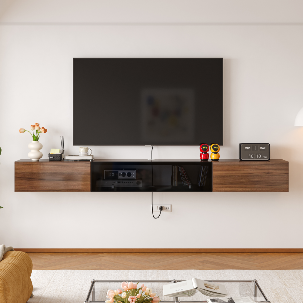 walnut / white modern floating TV stand with natural wood grain finish and open doors