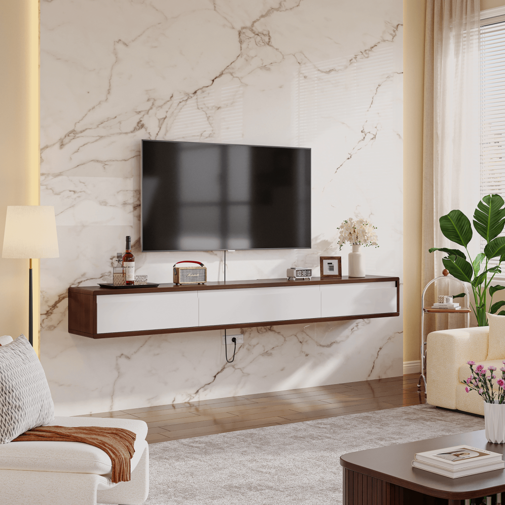 Walnut and white floating custom TV consoles mounted on wall in modern living room