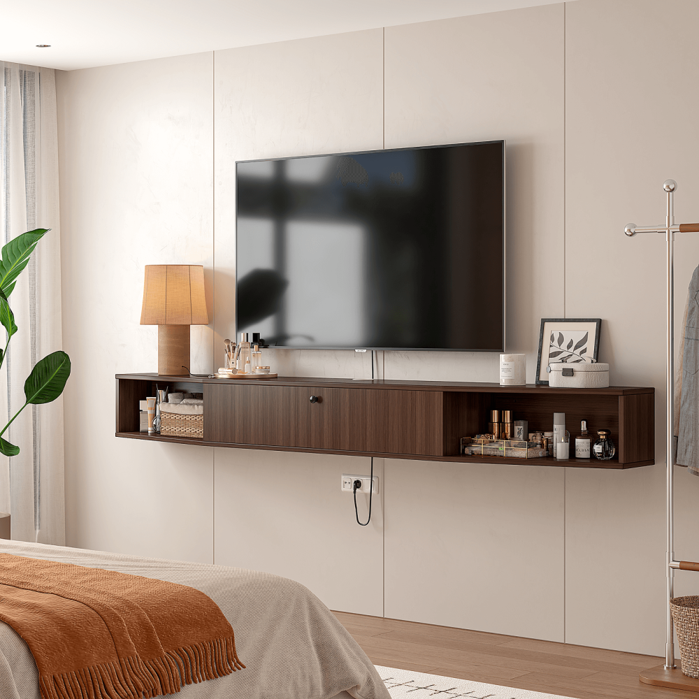 The custom made TV console integrated into a bedroom setting with vintage-inspired decor.