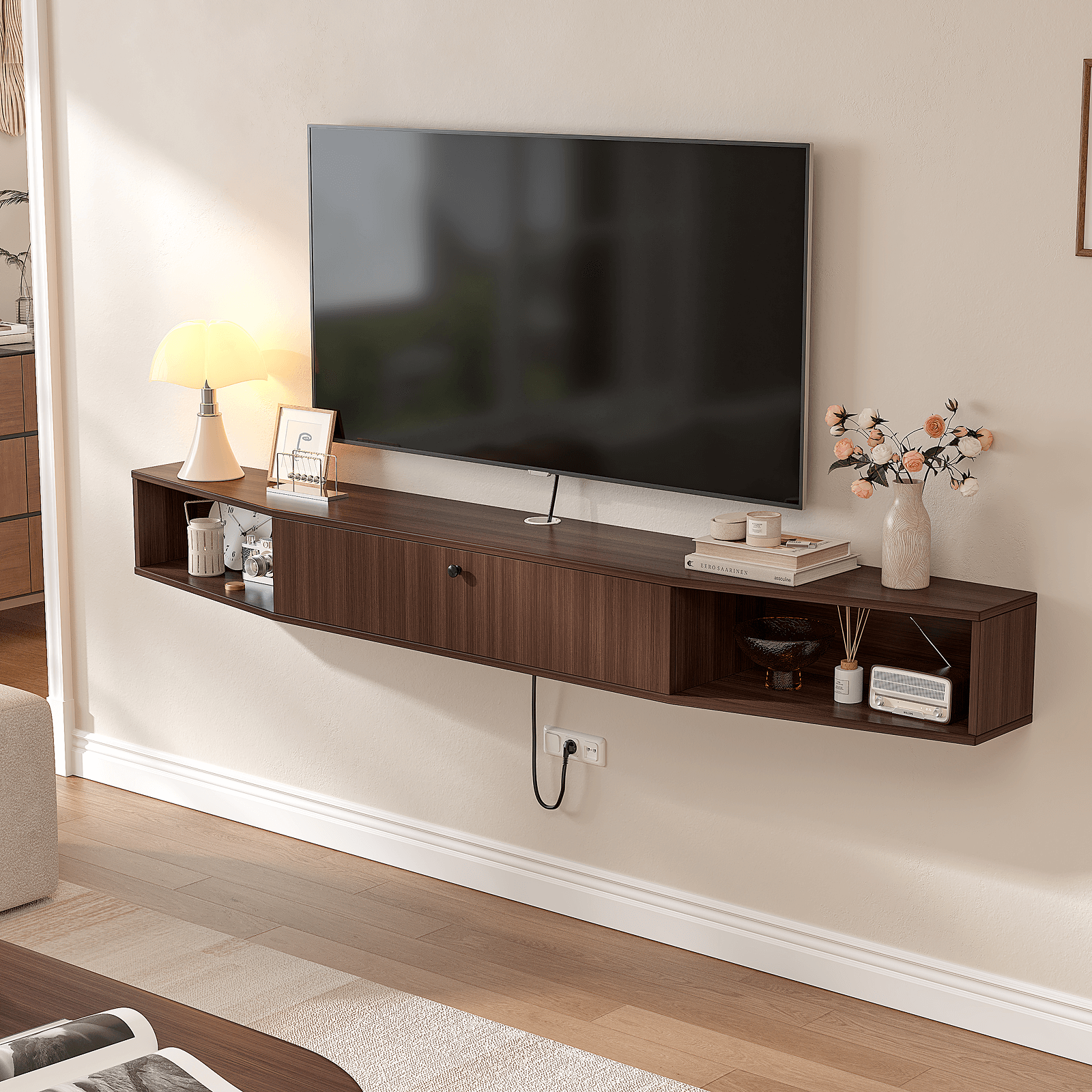 Walnut-colored floating TV stand mounted on a beige wall, showcasing a modern TV and decor. Walnut-colored floating TV stand mounted on a beige wall, showcasing a modern TV and decor.