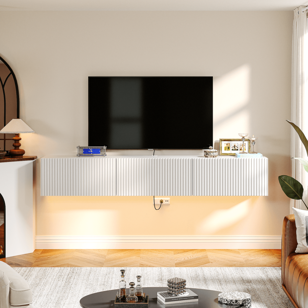 A contemporary TV stand mounted at a comfortable height, leaving the wood floor clear and tidy