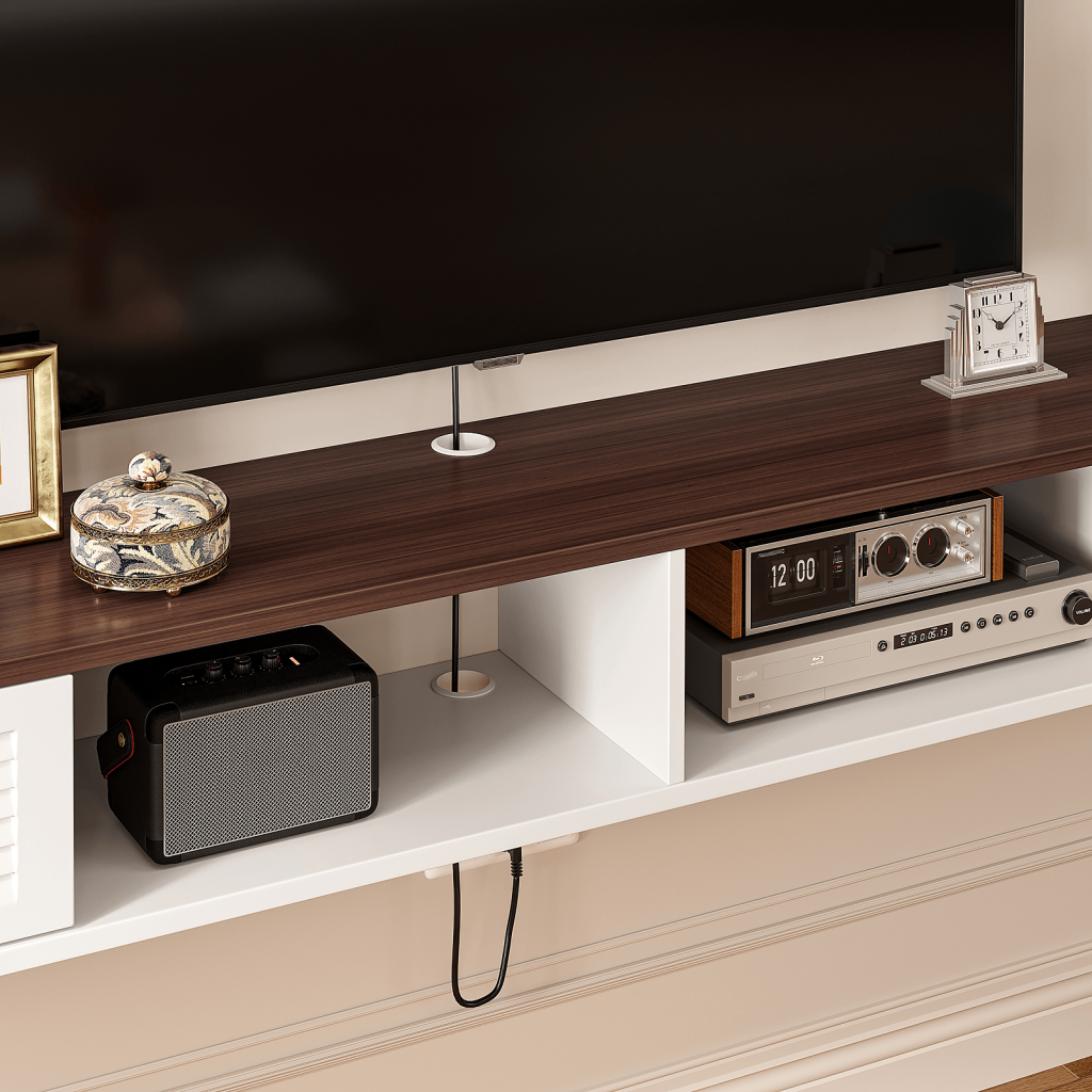 Contemporary floating entertainment cabinet combining white base and walnut top design