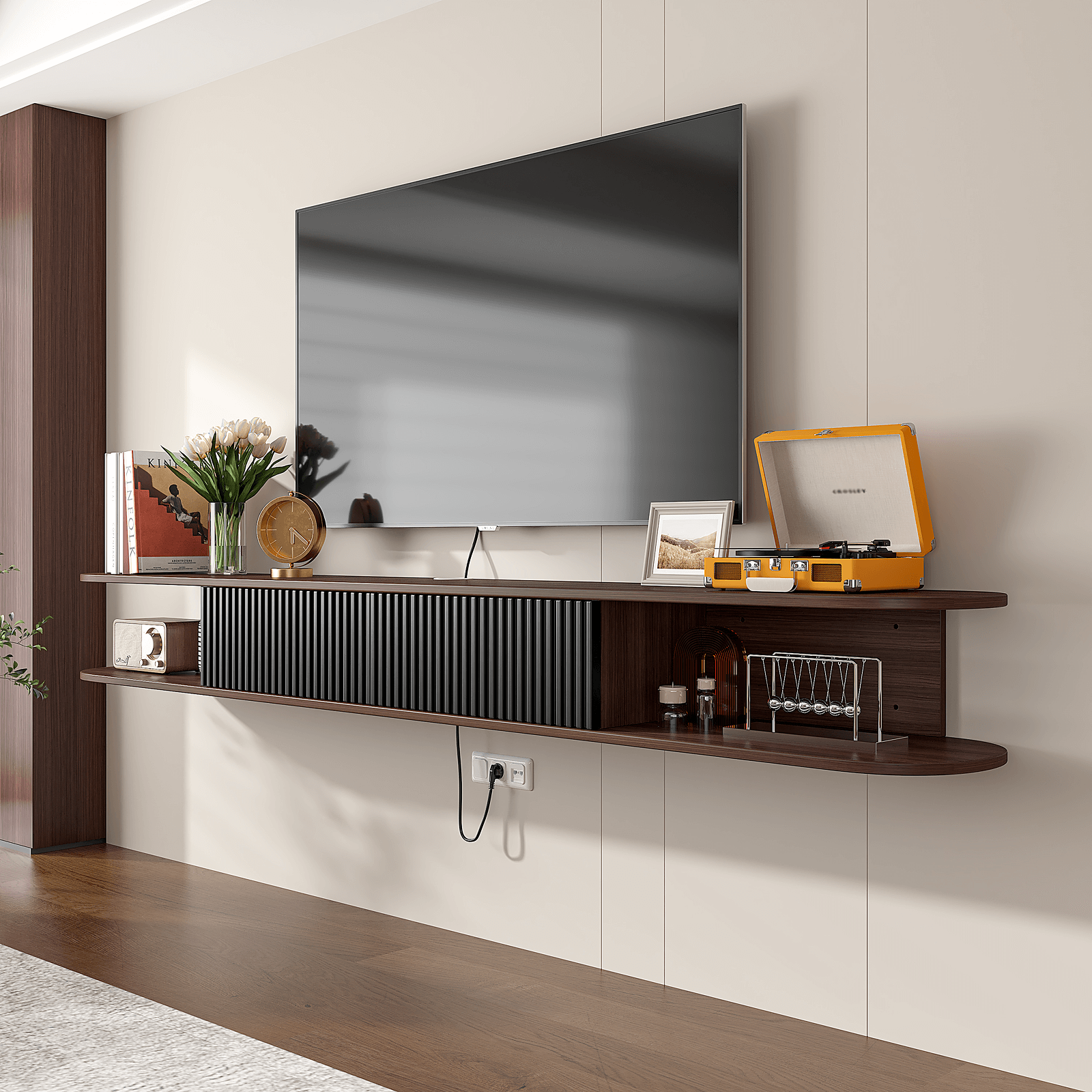 Contemporary walnut and black wall TV stand with open shelves for decor and storage. Contemporary walnut and black wall TV stand with open shelves for decor and storage.