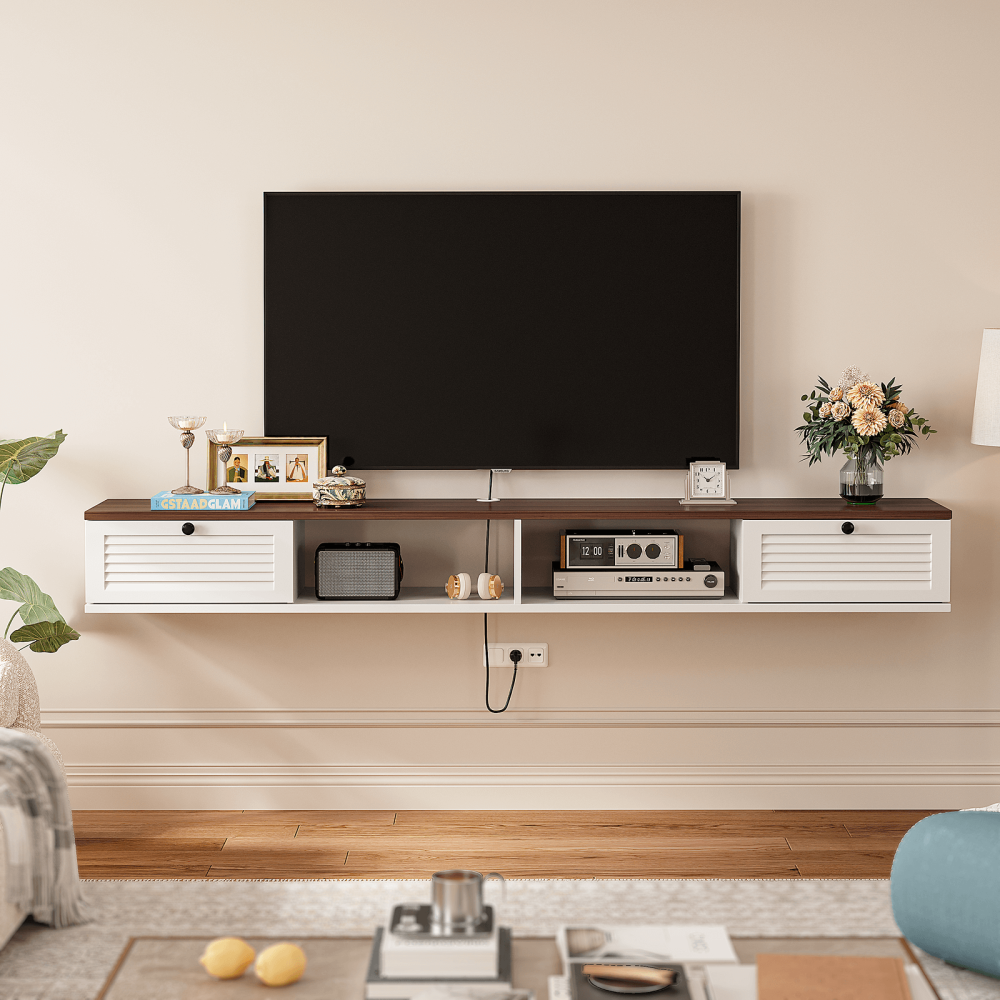 Elegant floating TV stand in white with vacuum-formed horizontal slat cabinet doors