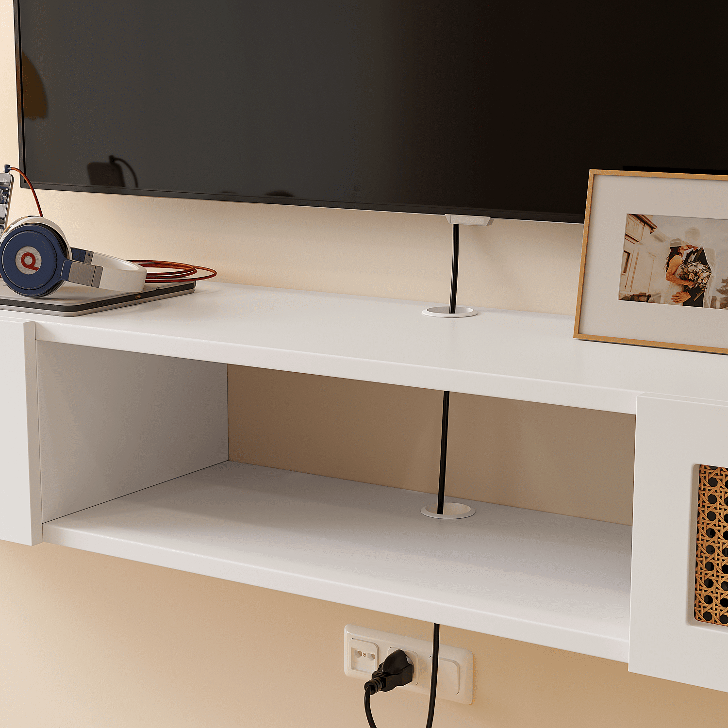 Floating TV cabinet with open central storage and rattan drop-down doors on each side. Floating TV cabinet with open central storage and rattan drop-down doors on each side.