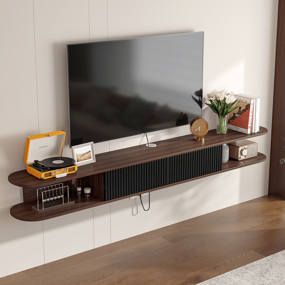 Modern wall-mounted walnut custom floating TV stand with center black slatted door and open shelves.
