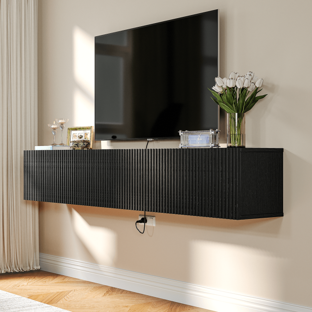 Wall-mounted custom design TV stand with three flip-down doors and classic striped design