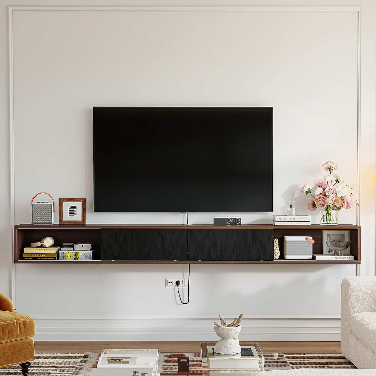 Walnut floating sliding door tv stand, mounted on a white wall below a television. Walnut floating sliding door tv stand, mounted on a white wall below a television.