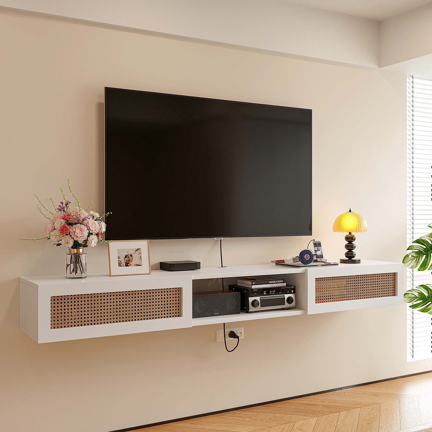 White wall-mounted TV console made of eco-friendly paint-free board, featuring rattan drop-down doors and cable management hole. wall mounted White modern TV stand made of eco-friendly paint-free board, featuring rattan drop-down doors and cable management hole.