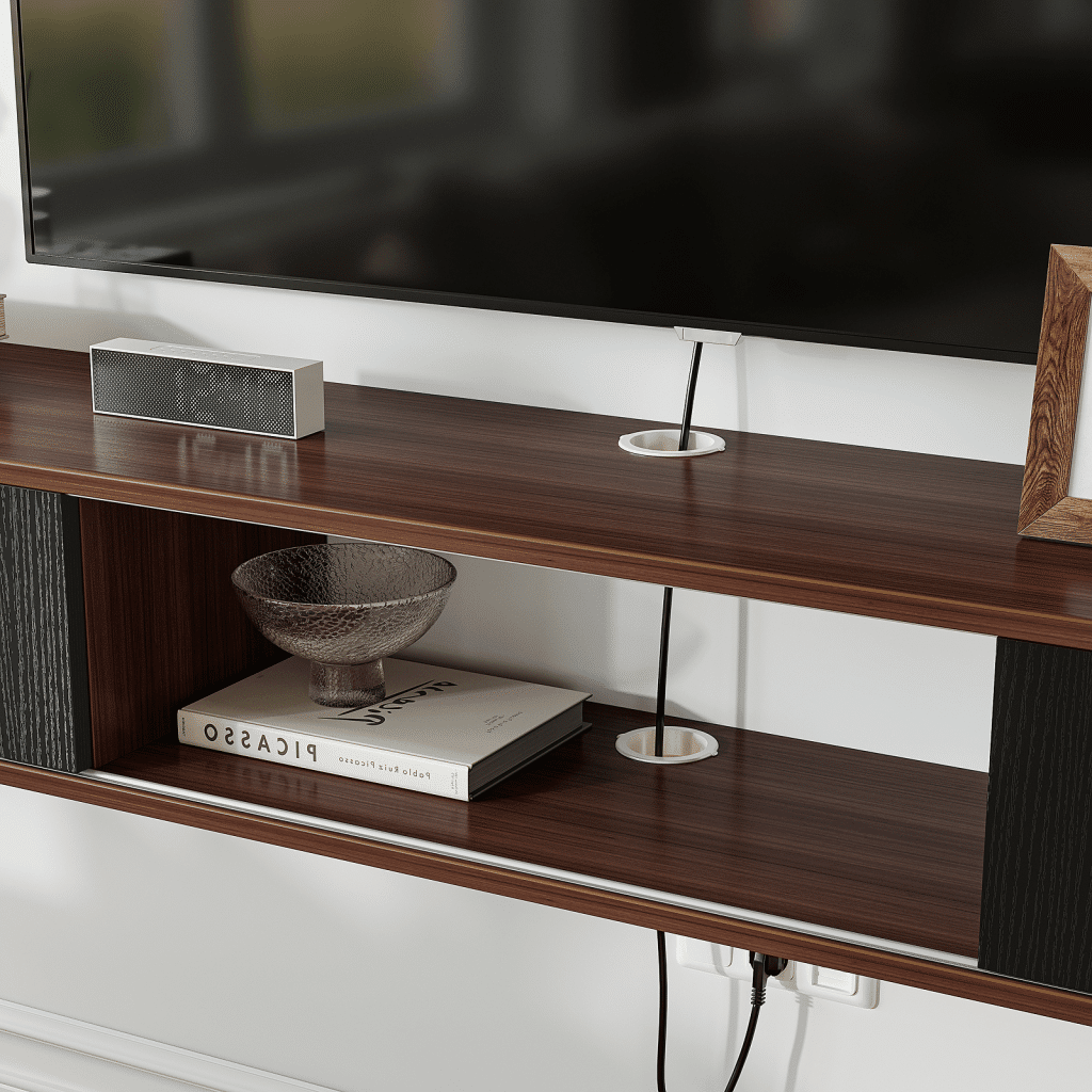 interior storage compartments behind the black sliding doors of the TV stand.