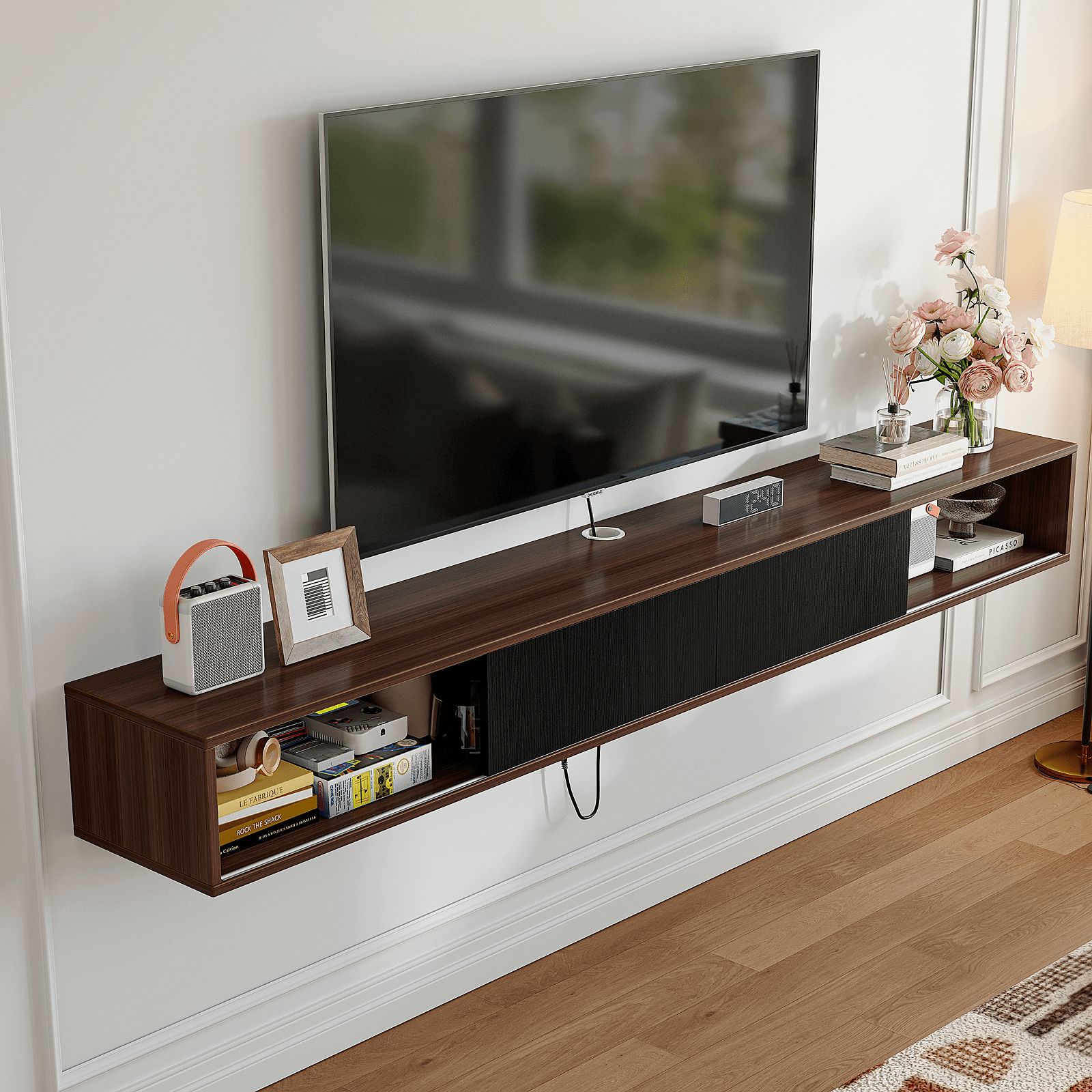 walnut finish texture on the floating customizable tv stand surface, next to a black door. walnut finish texture on the floating customizable tv stand surface, next to a black door.