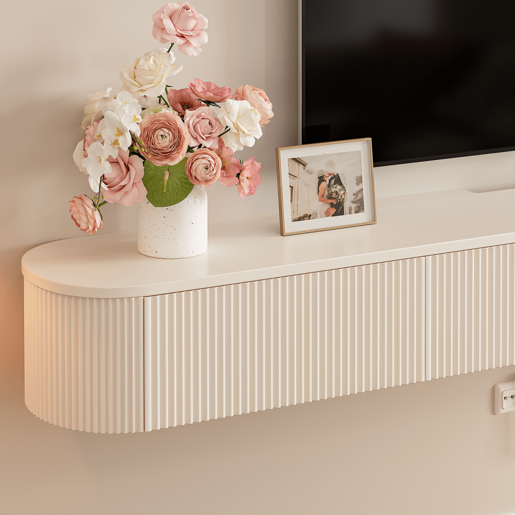 Contemporary floating TV console in white finish with curved edge design
