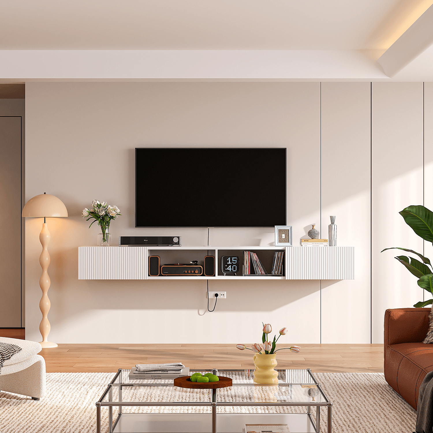 white TV stand storage unit with two open shelves and two closed cabinets under wall-mounted TV white TV stand storage unit with two open shelves and two closed cabinets under wall-mounted TV