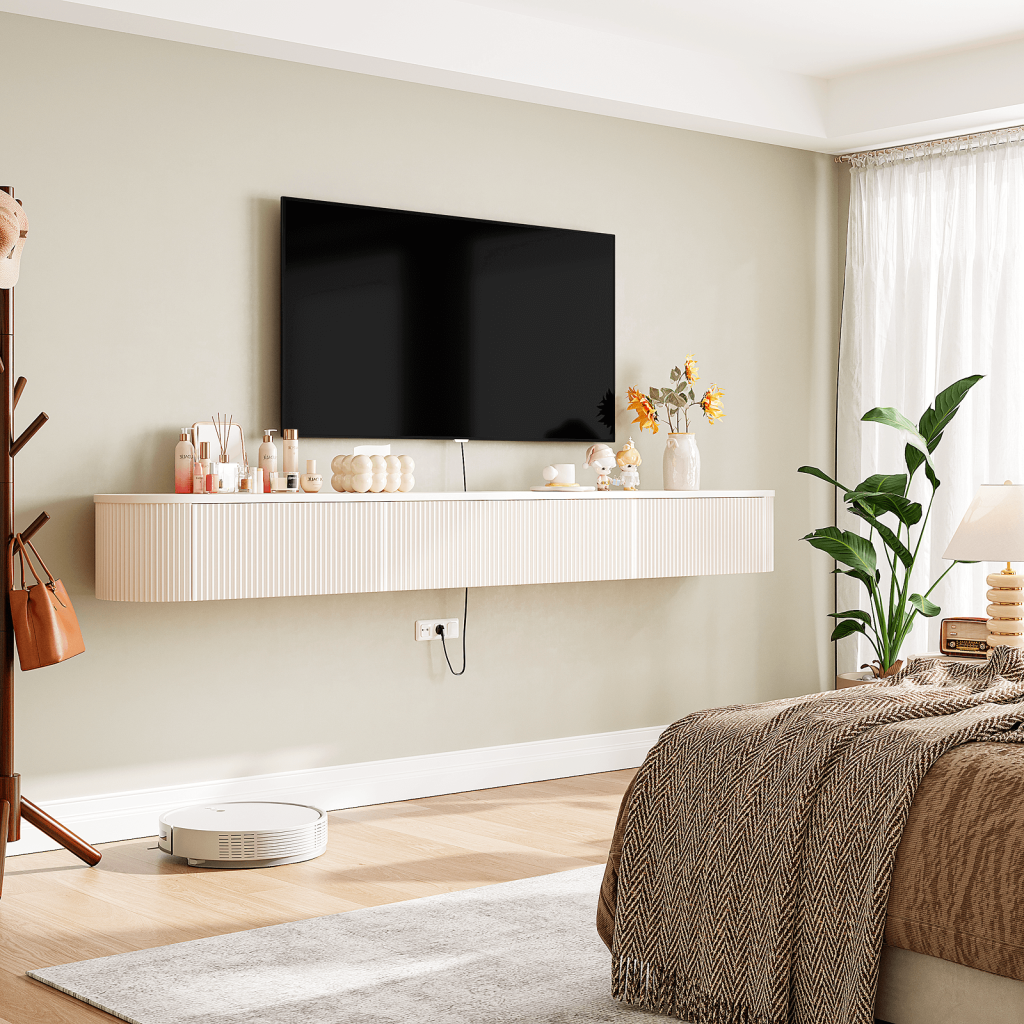 White wall-mounted media console with soft-close drawers and open middle shelf