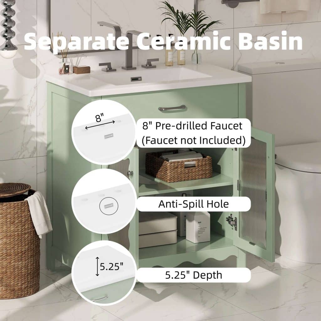 Bathroom vanity with soft green finish and textured cabinet doors