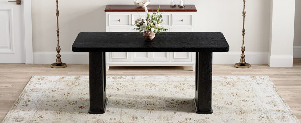 Black wood grain dining table with MDF base and glass accent top