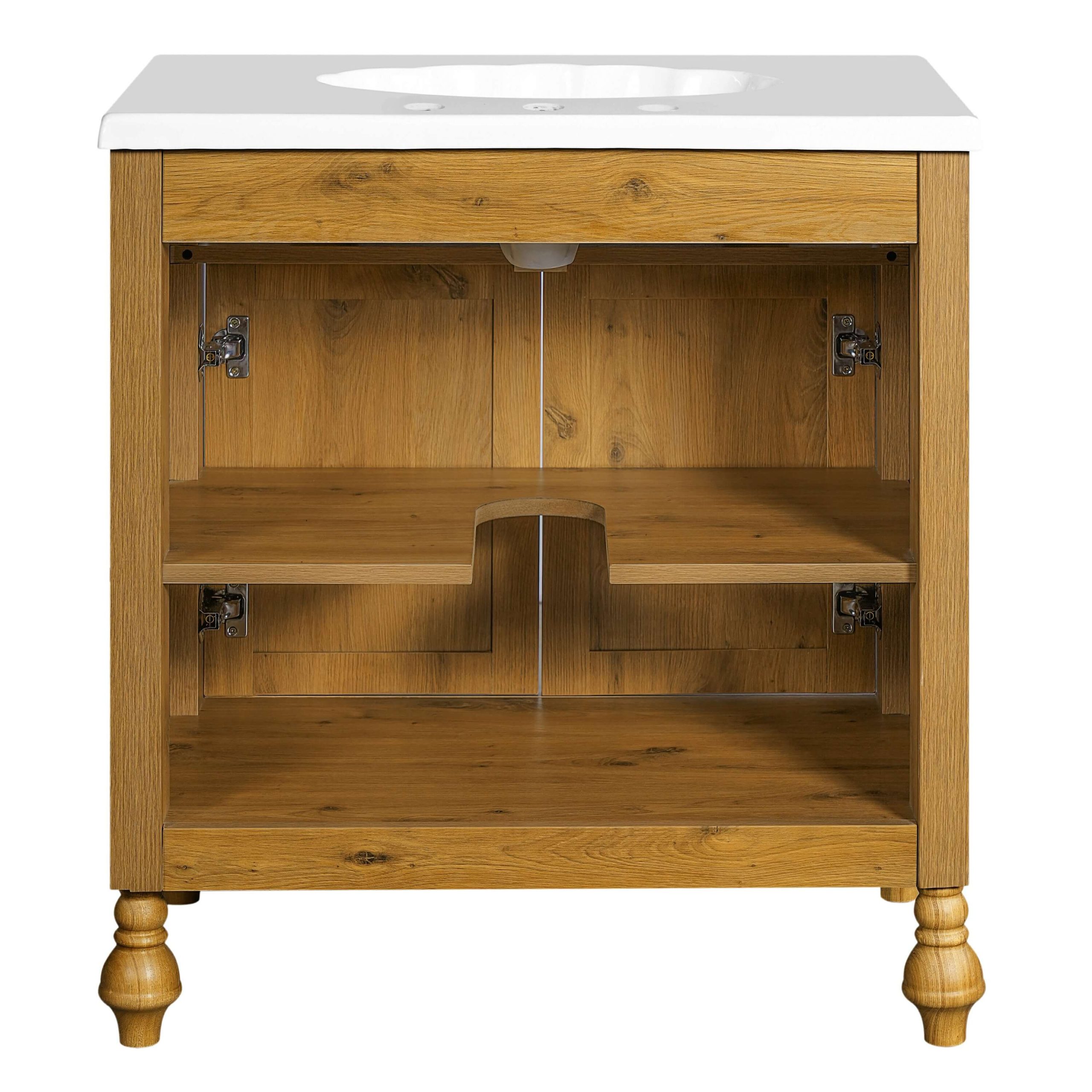 Compact bathroom vanity with classic wood grain finish