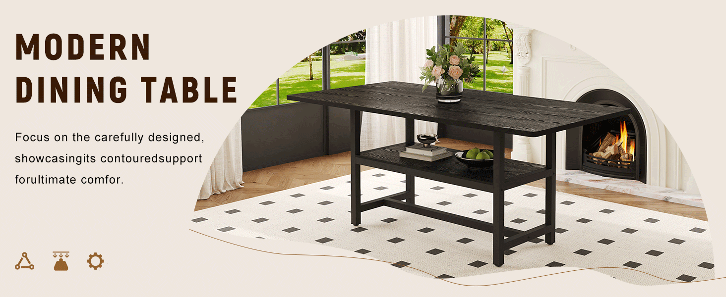 Modern black dining table with wood texture top in classic setting