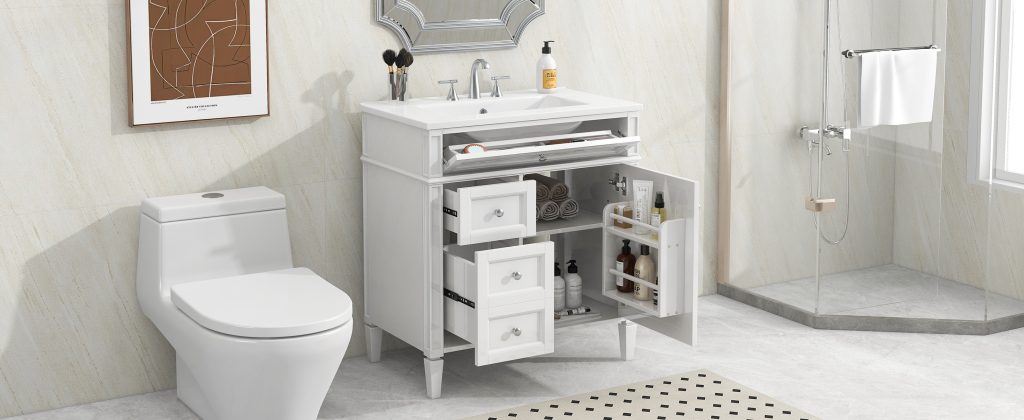 White bathroom storage cabinet with drawers and adjustable shelves