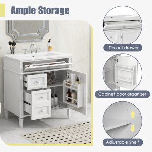 White bathroom vanity with two drawers and tip-out drawer for organized storage