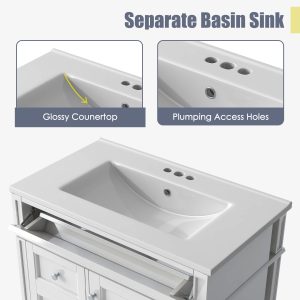 White modern bathroom vanity with sleek lines and metal knobs