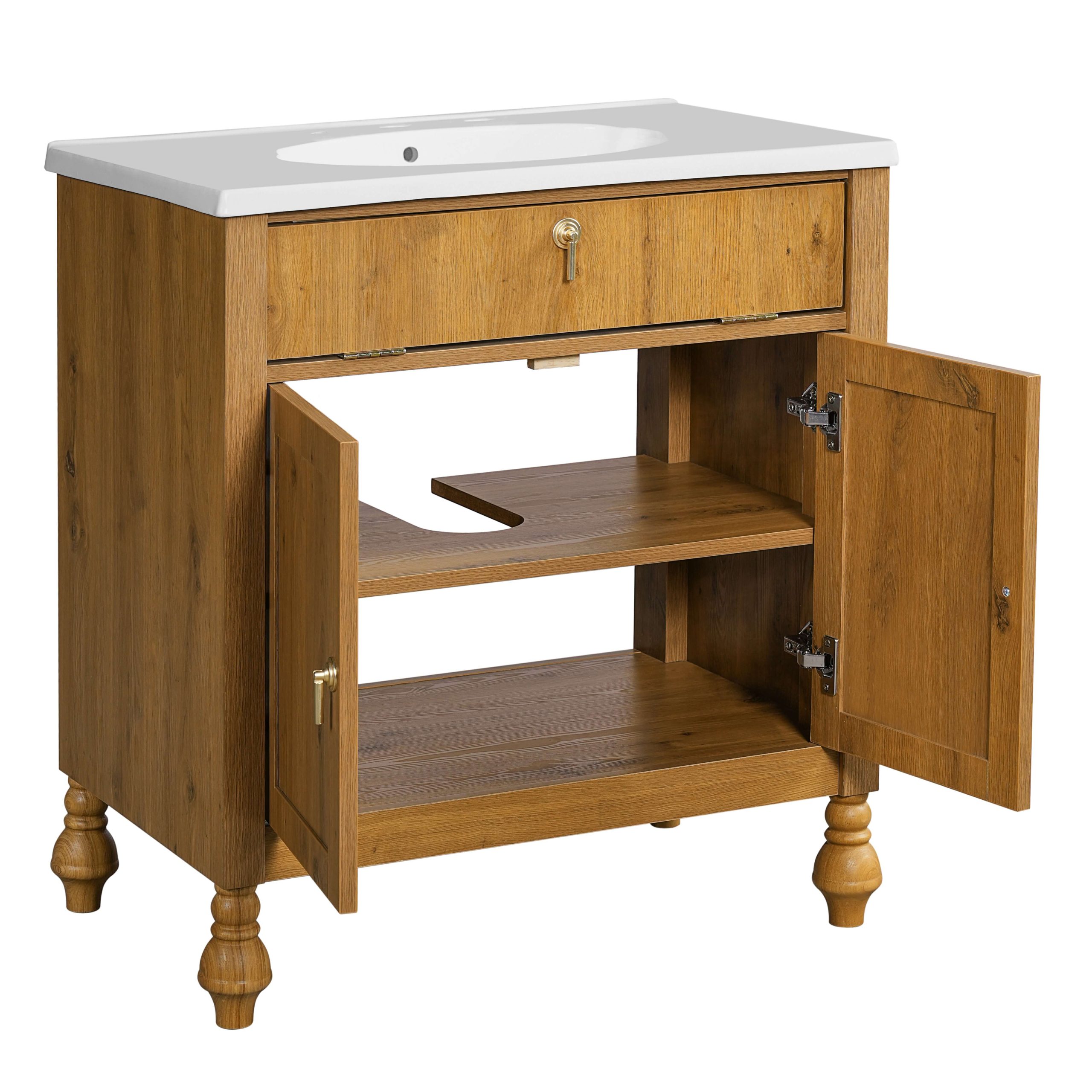 Wooden bathroom vanity with sink and ample storage space