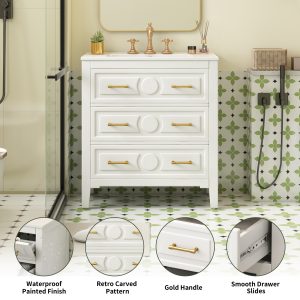 bathroom vanity white featuring three storage drawers