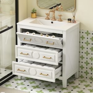 bathroom vanity white with detailed carved front panels