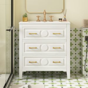 bathroom vanity white with gold handles and carved drawer design