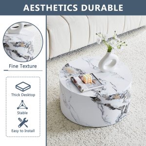 Elegant round coffee table with marble look surface and solid construction