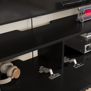 Dark wood grain black grille door tv stand for minimalist homes.