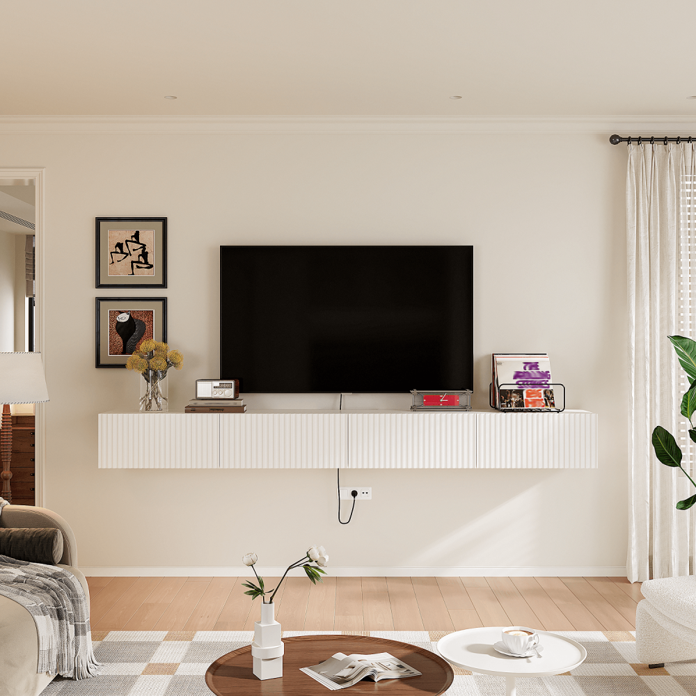 Plywood core white grille door tv stand in sleek matte finish.