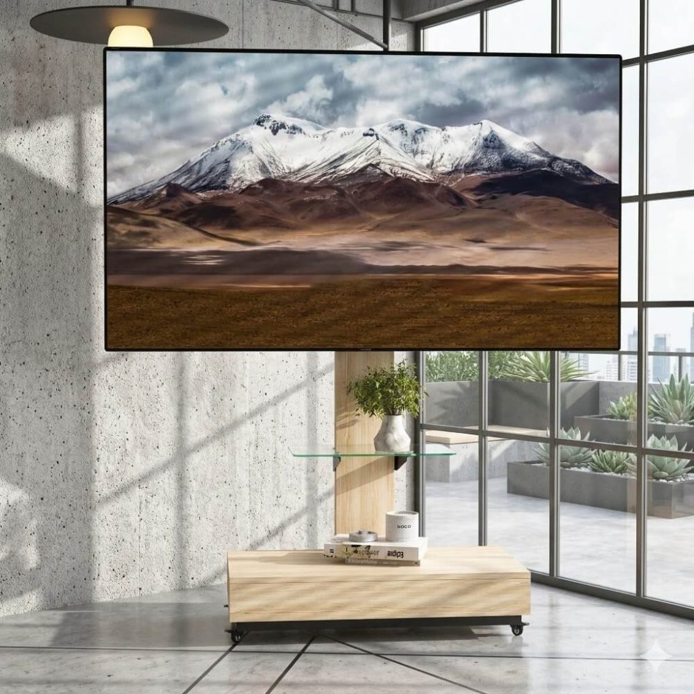 Freestanding wooden mobile TV cart on wheels, featuring an exposed concrete wall and a large window view.