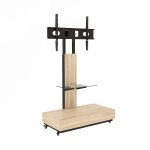 Lockable swivel caster wheels on the base of this heavy-duty mobile TV stand for effortless movement.