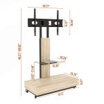 Modern mobile TV stand with a wood-grain base, integrated glass shelf, and four smooth-rolling casters.