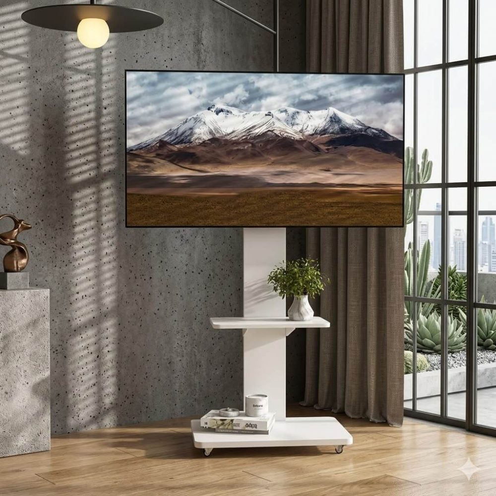 Modern white mobile tv stand with integrated storage and a sleek design.
