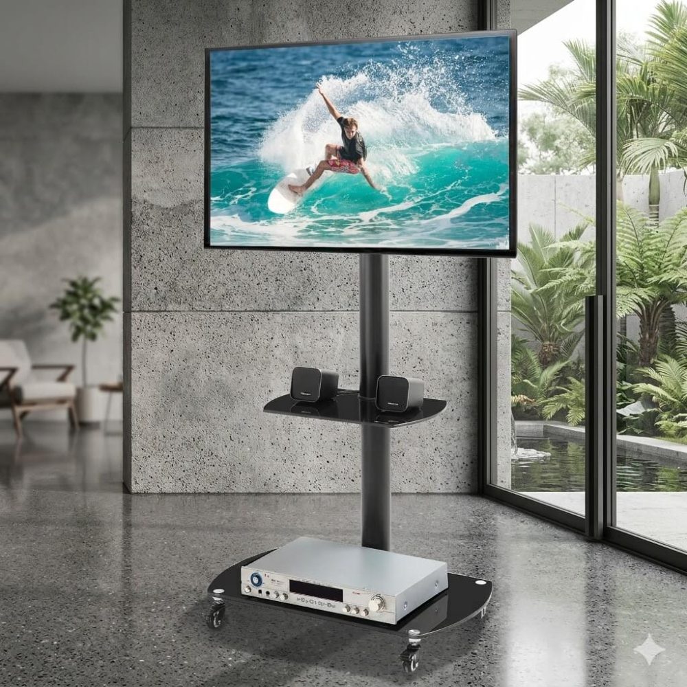 Sleek mobile TV stand with tempered glass base holding a DVD player and surround sound speakers