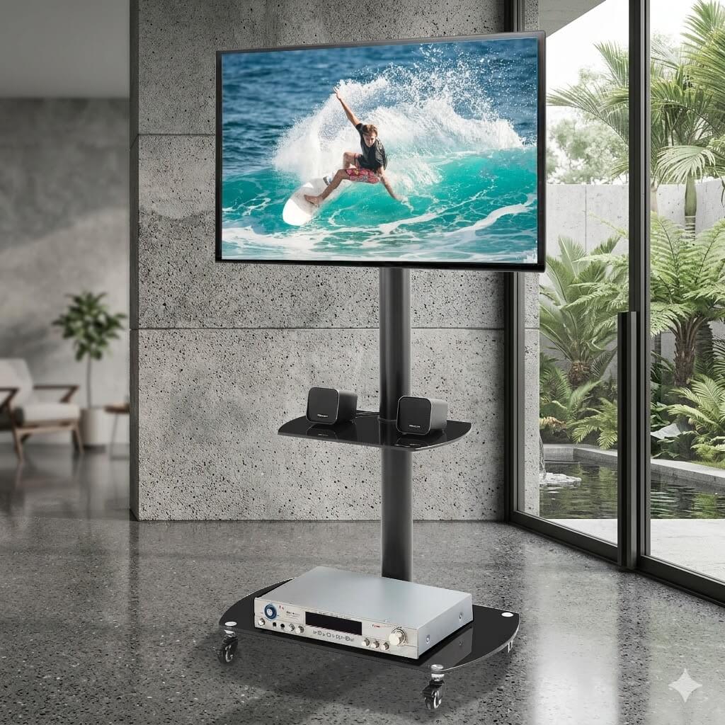 Sleek mobile TV stand with tempered glass base holding a DVD player and surround sound speakers Sleek mobile TV stand with tempered glass base holding a DVD player and surround sound speakers