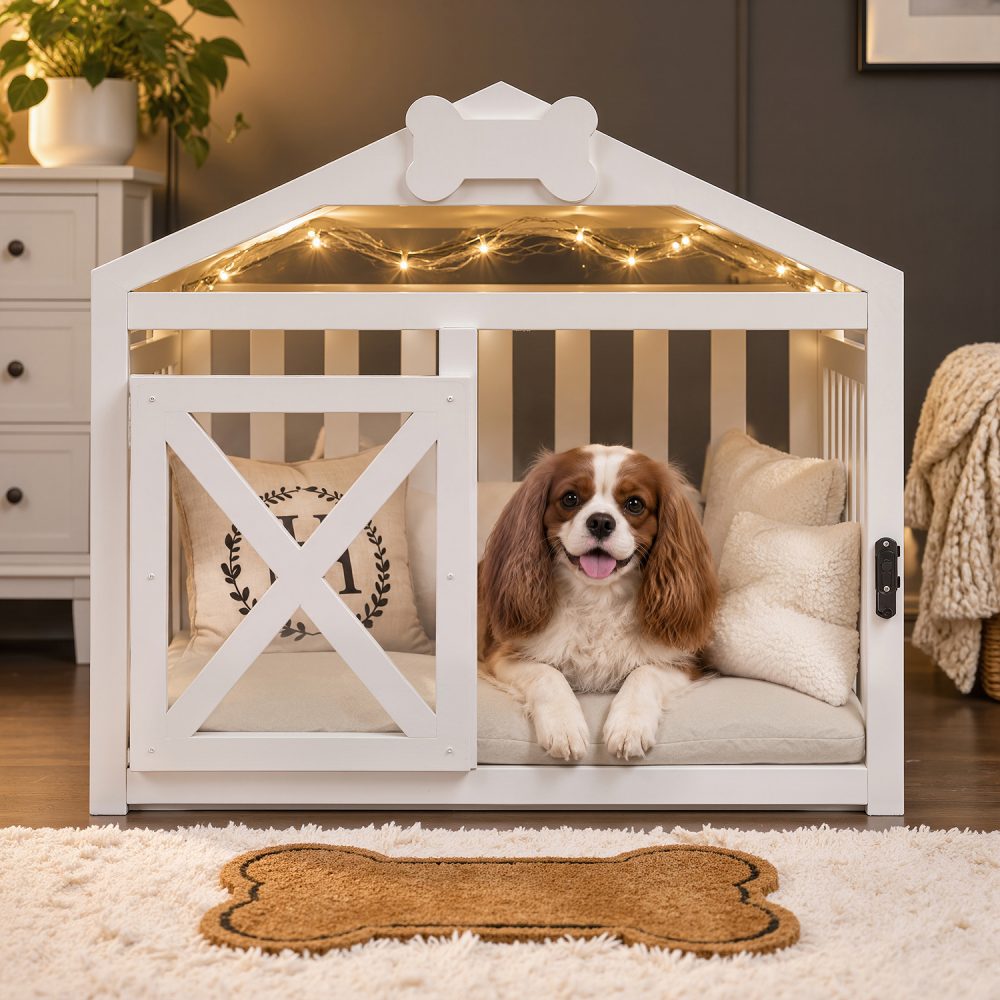 Cute small poodle stepping out of white indoor wooden pet house
