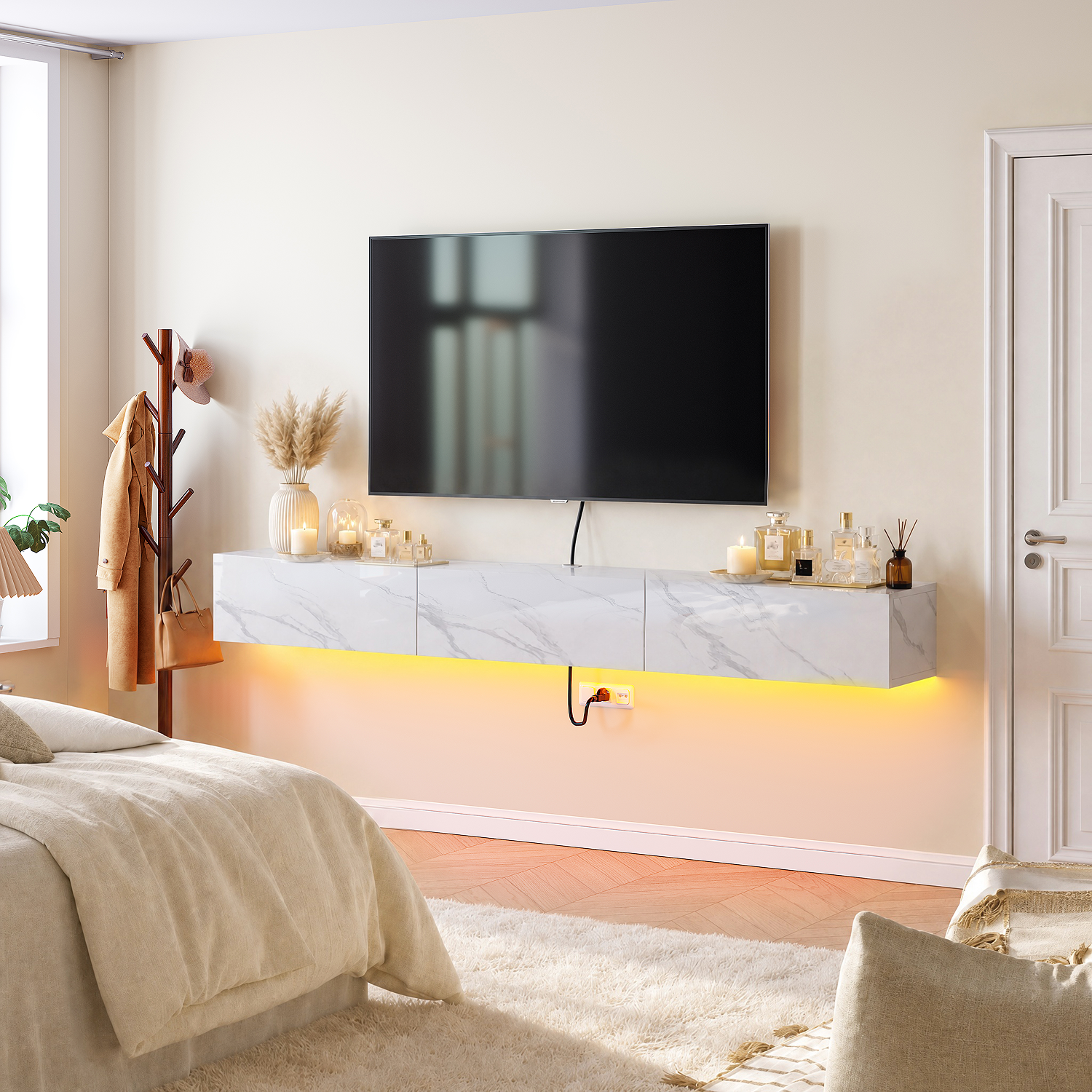 Floating TV console with adjustable RGB LED strip light in a modern living room setup Floating TV console with adjustable RGB LED strip light in a modern living room setup