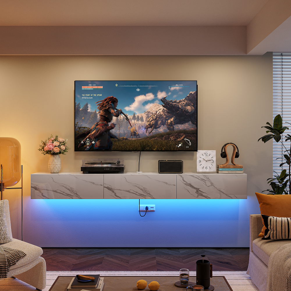 Modern floating TV stand with LED lights marble pattern finish
