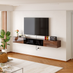 Dark wood floating entertainment center with a black frame glass door in the middle