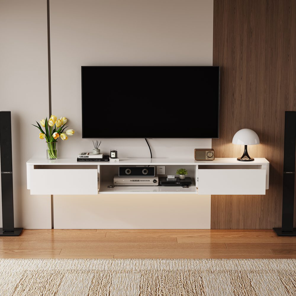 White floating tv stand with two drawers for storage, improves living room life space.