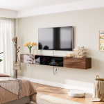 Mid century modern walnut floating TV console for living room media storage