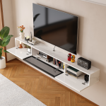 Minimalist faux marble white floating TV cabinet size guide with 3 open doors