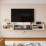 Modern floating entertainment center showing open flip down cabinet doors and internal storage space