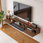Walnut color hanging TV cabinet with round wire holes for clean cable management