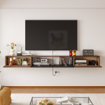 Walnut wall mounted media console with three open compartments for storage