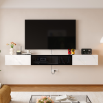 White wall hanging media console layout showing wire routing cable holes and interior sizing