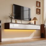 Floating tv stand shelves for modern homes, adjustable height. The cabinet body has reserved wire holes.